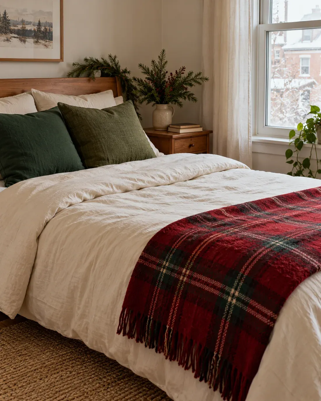 Ivory bed with a restrained red plaid throw and seasonal pillow in a small bedroom