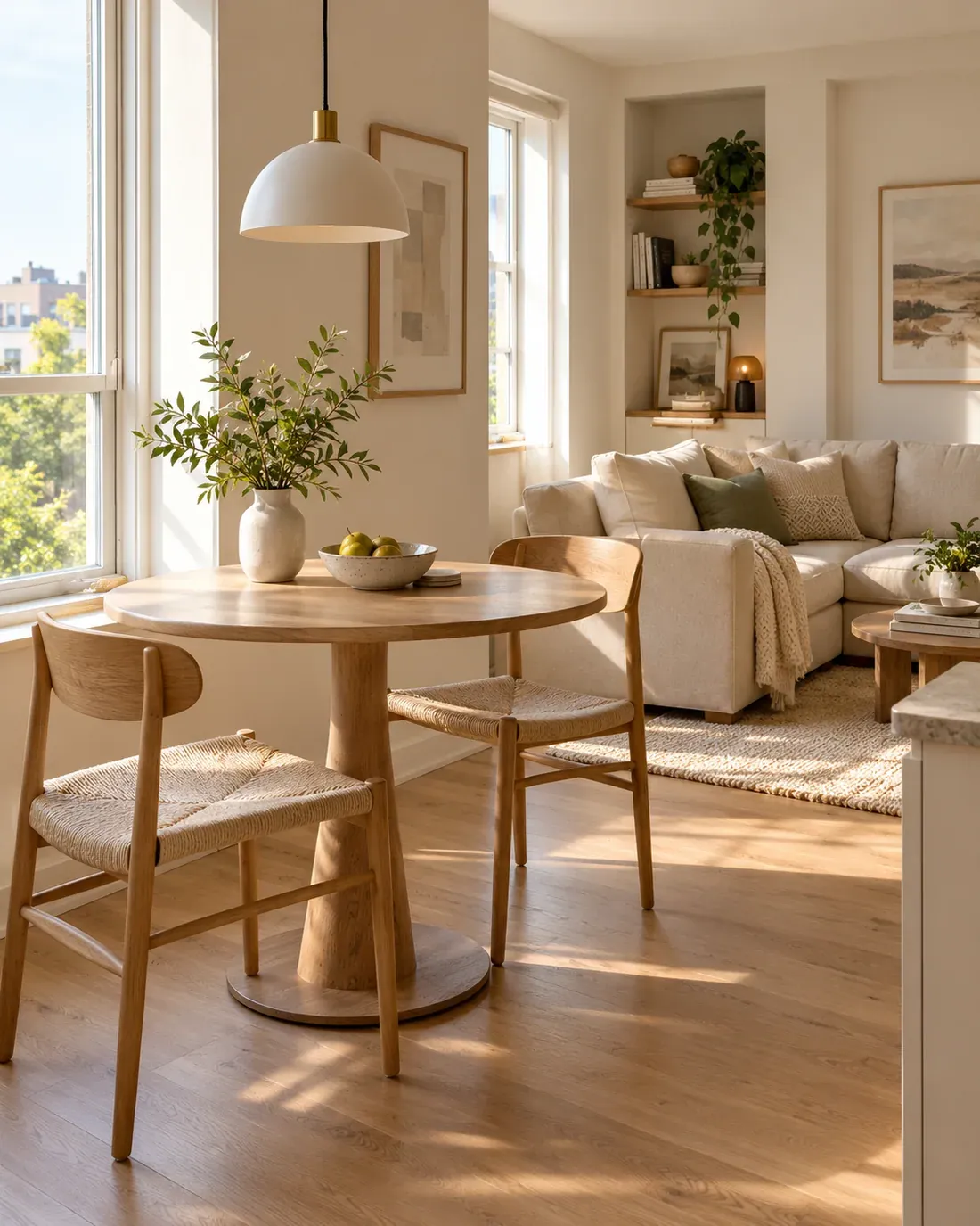Small round dining table beside the kitchen zone of a modest studio apartment