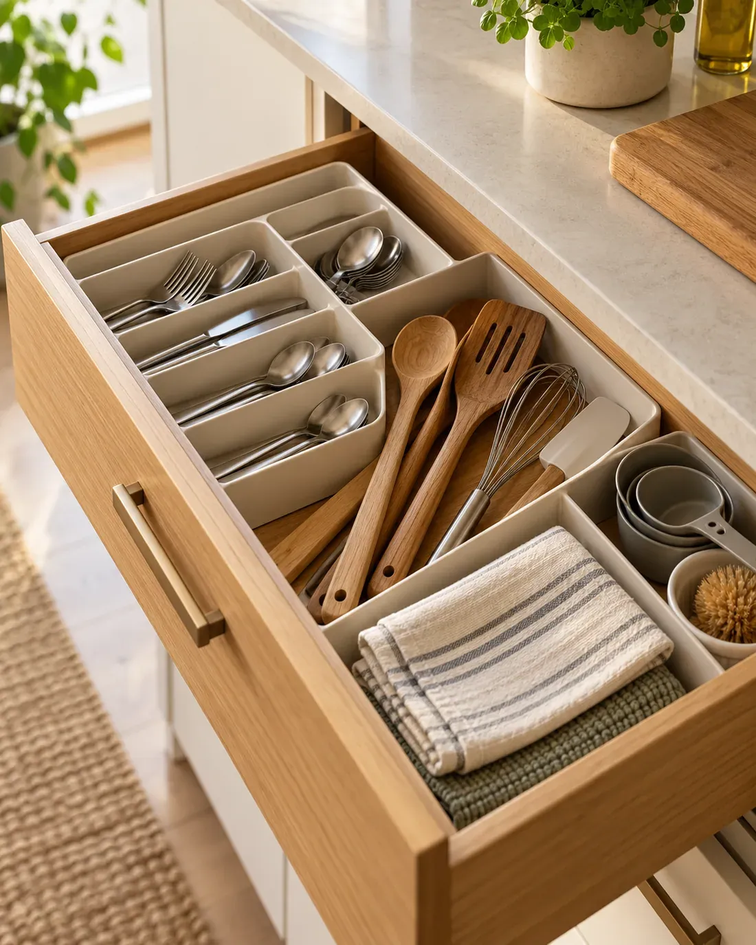 Kitchen drawer divided into practical sections for utensils and small cooking tools