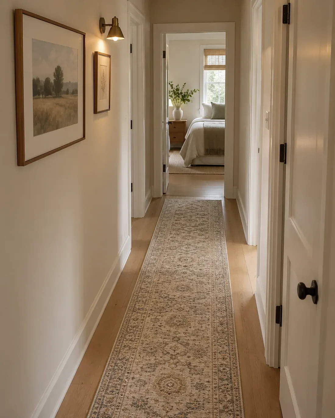 Low-profile runner defining a clear path through a narrow apartment hallway