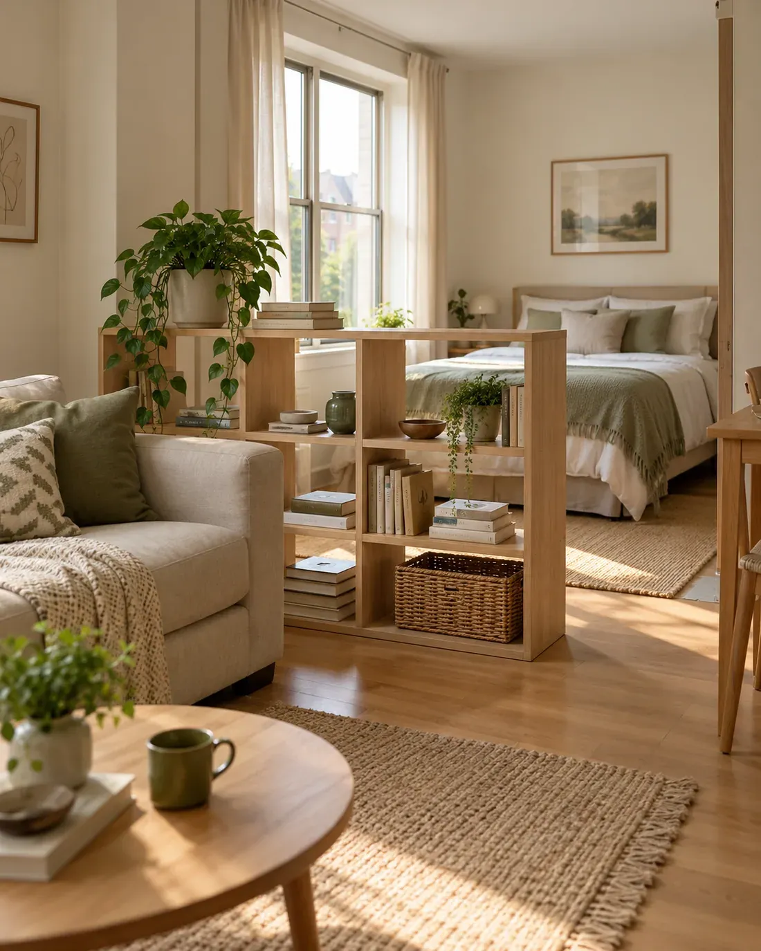 Open shelving creating a partial divide between bed and seating in a compact studio