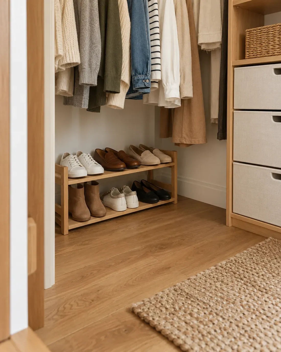 Vertical shoe storage beneath hanging clothes in a small closet