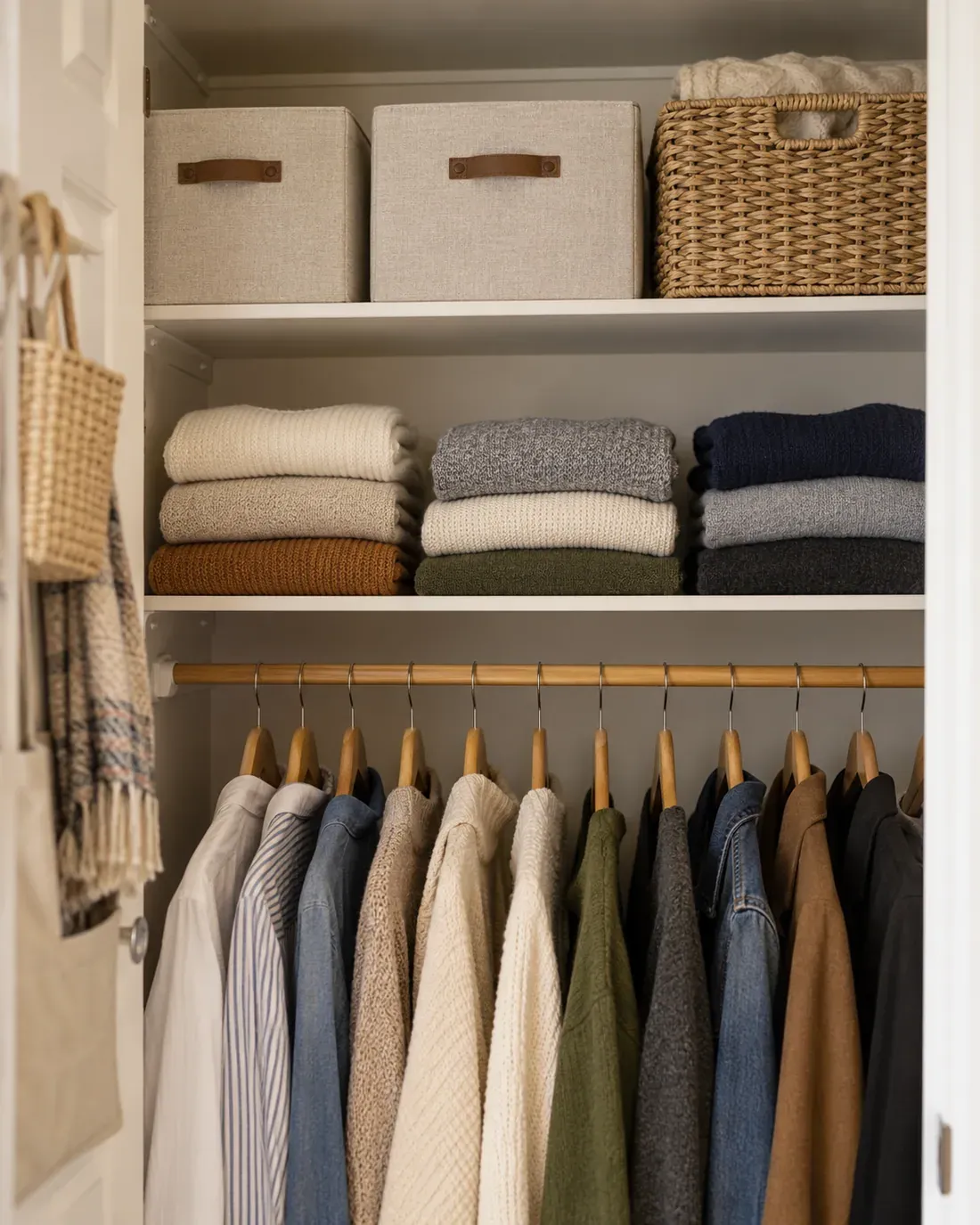 Labeled fabric bins arranged on the high shelf of a compact closet